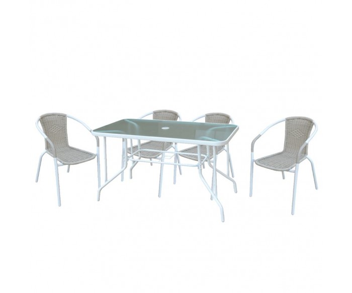 BALENO Set Τραπεζαρία Κήπου: Τραπέζι + 4 Πολυθρόνες Μέταλλο Βαφή Άσπρο - Wicker Beige