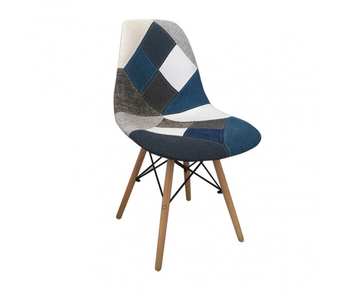 ART Wood Καρέκλα Τραπεζαρίας, Πόδια Οξιά, Κάθισμα PP με Ύφασμα Patchwork Blue