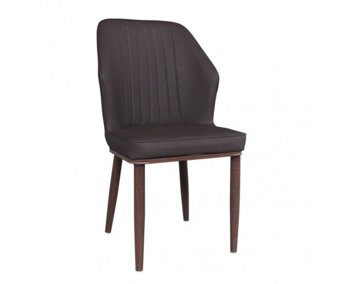 DELUX Καρέκλα Μέταλλο Βαφή Καρυδί, Linen PU Σκούρο Καφέ