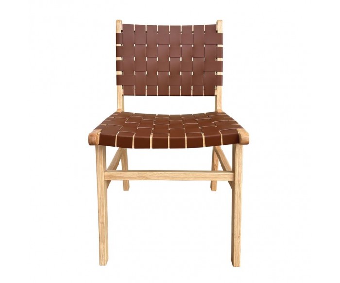 DUNE Καρέκλα Τραπεζαρίας, Ξύλο Απόχρωση Φυσικό, Κάθισμα-Πλάτη Ιμάντες Pu Καφέ