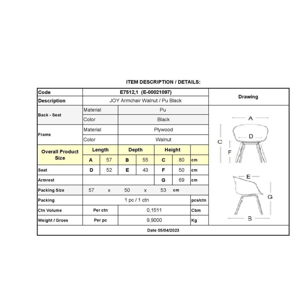 JOY-W Πολυθρόνα Τραπεζαρίας Καρυδί, Pu Μαύρο - Image 6