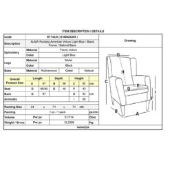 ALMA Rocking Πολυθρόνα Μπερζέρα Καθιστικού, Ύφασμα Velure Μπλε, Βάση Μαύρο-Φυσικό - Image 6