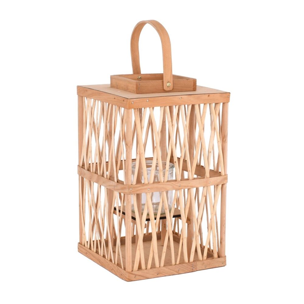 LANTERN SQUARE Φανάρι Κήπου- Βεράντας Ξύλινο, Απόχρωση Φυσικό, με Γυάλινο ποτήρι - Image 2