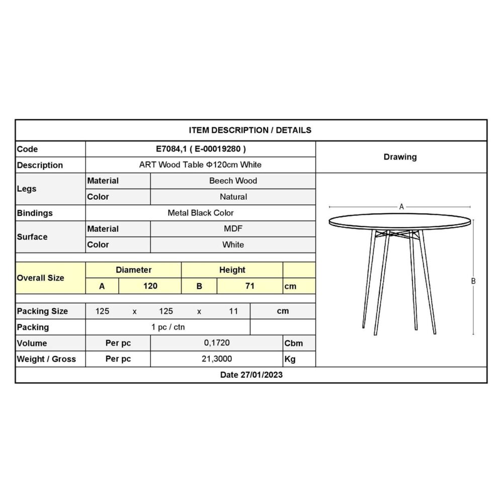 ART Wood Τραπέζι Ροτόντα Τραπεζαρίας-Κουζίνας, Πόδια Οξιά Φυσικό, Επιφ.MDF Άσπρο - Image 3