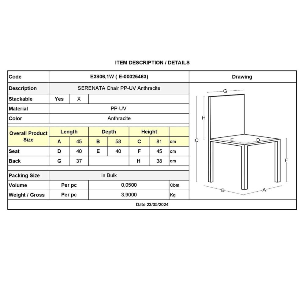 SERENATA Καρέκλα, Στοιβαζόμενη PP - UV Ανθρακί - Image 3