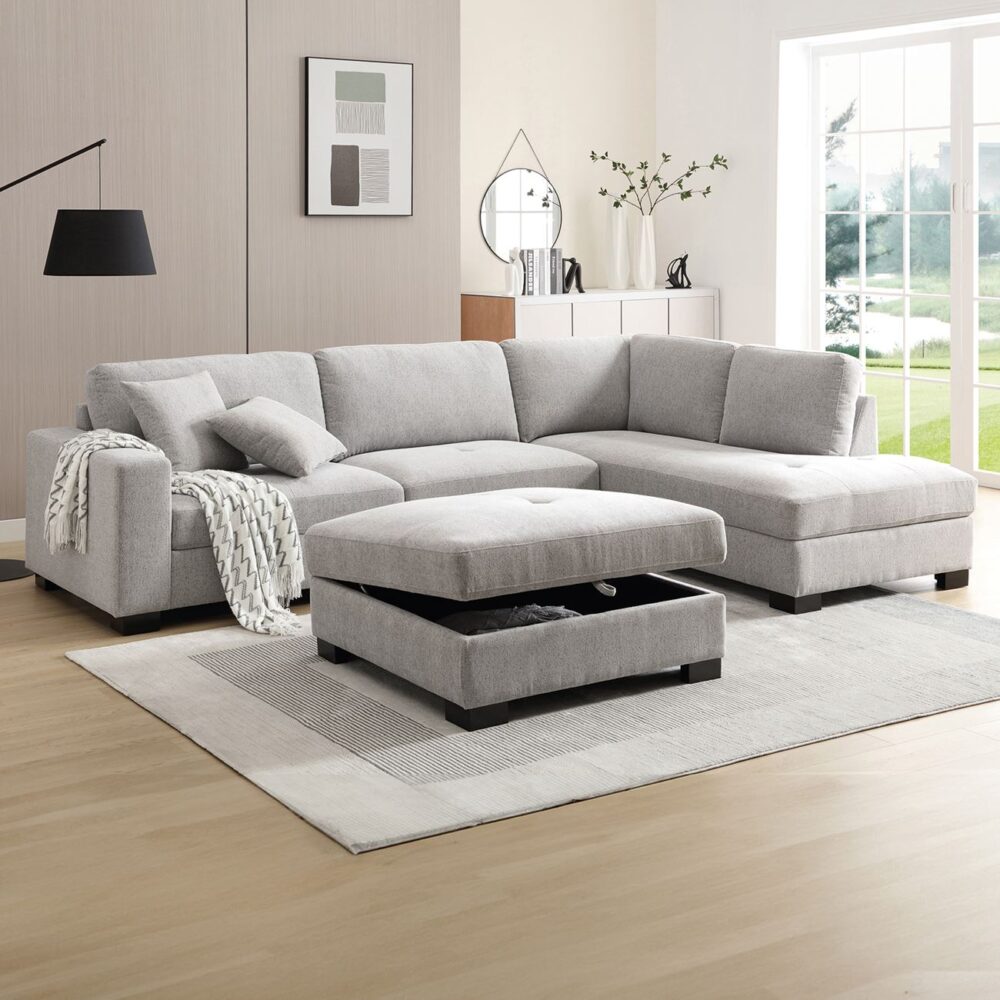 DORNO Καναπές Σαλονιού Αριστερή Γωνία με Αποθηκευτικό Σκαμπό, Ύφασμα Γκρι - Image 3