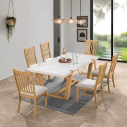 COMET Set Τραπεζαρία Ξύλινη: Τραπέζι+6 Καρέκλες, Φυσικό με Mdf Άσπρο Μάρμαρο,Ύφασμα Άσπρο - Image 2