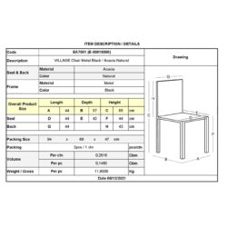 VILLAGE Καρέκλα Τραπεζαρίας, Μέταλλο Βαφή Μαύρο, Ξύλο Ακακία Απόχρωση Φυσικό - Image 3
