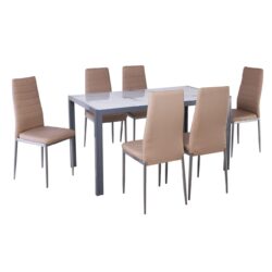 JETTA-DEGO Set Τραπεζαρία: Τραπέζι + 6 Καρέκλες, Μέταλλο Γκρι - Γυαλί Marble - PVC Μπεζ - Image 2