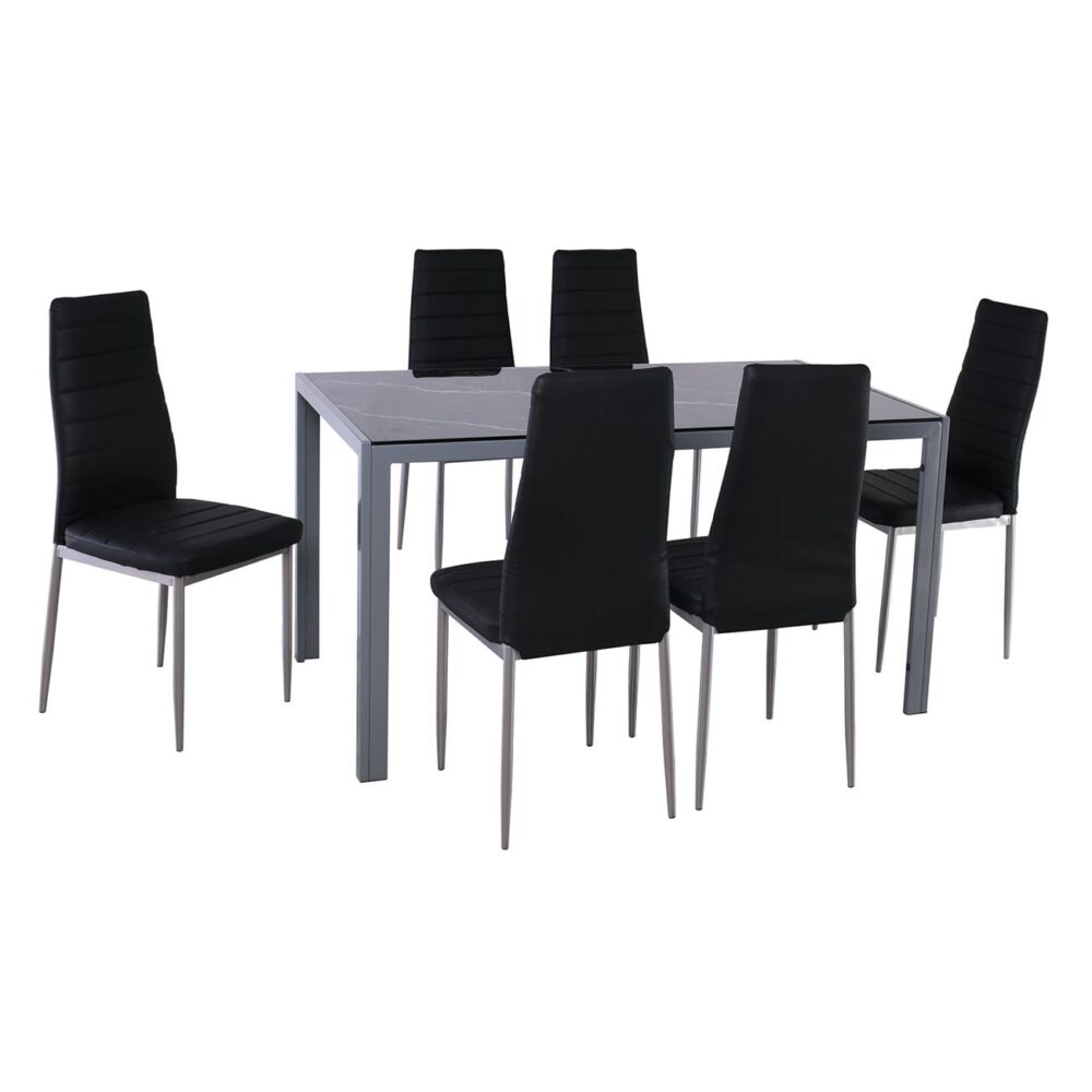 JETTA-DEGO Set Τραπεζαρία: Τραπέζι + 6 Καρέκλες, Μέταλλο Γκρι - Γυαλί Μαύρο - PVC Μαύρο - Image 2
