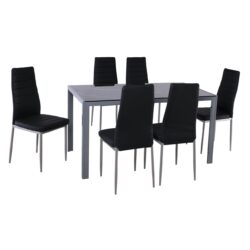 JETTA-DEGO Set Τραπεζαρία: Τραπέζι + 6 Καρέκλες, Μέταλλο Γκρι - Γυαλί Μαύρο - PVC Μαύρο - Image 2