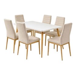 JETTA-UNION Set Τραπεζαρία: Τραπέζι + 6 Καρέκλες, Μέταλλο Βαφή Φυσικό, Ύφασμα Μπεζ